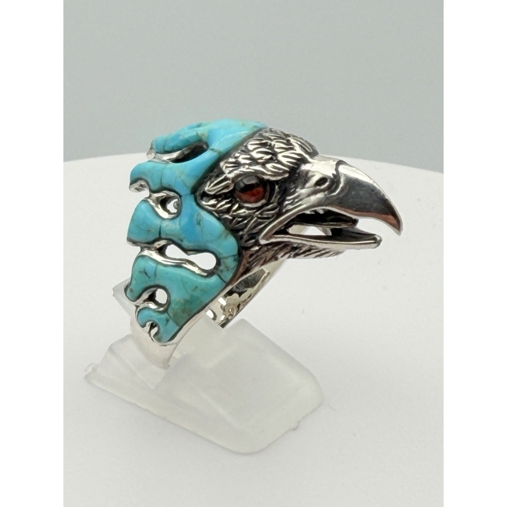 Vintage Sterling Silver Turquoise Eagle Head Ring Red Eye Size10 #1175